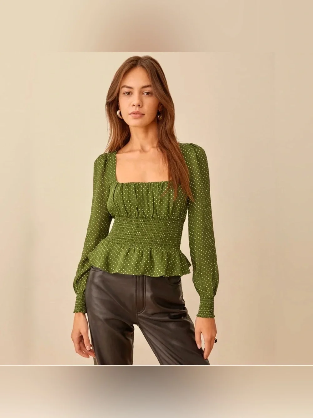 Reformation Hearth Green Polka Dot Smocked Blouse